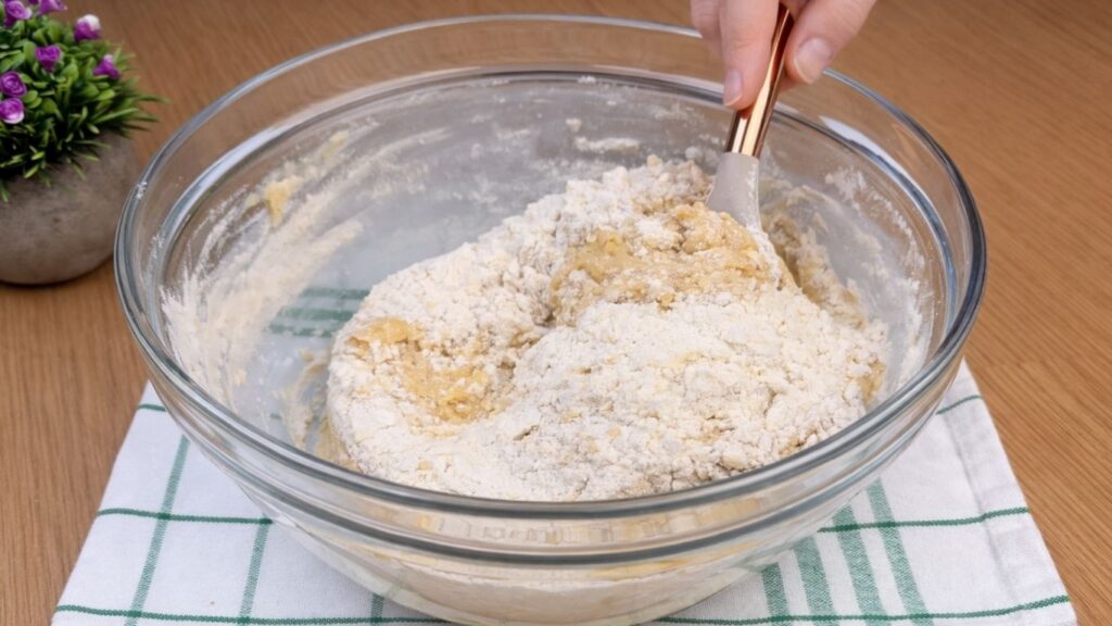 mixing the dough with a spoon while combining the ingredients for blueberry lemon rolls