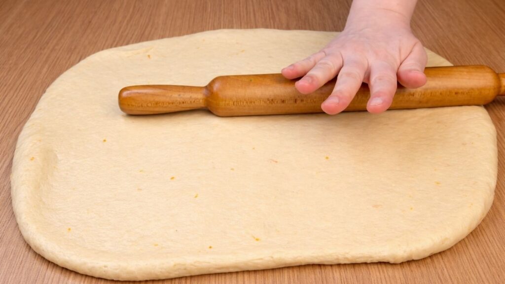 rolling out the dough with a rolling pin into a rectangle for blueberry lemon rolls