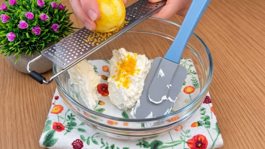 grating fresh lemon zest over cream cheese frosting mixture for blueberry lemon rolls