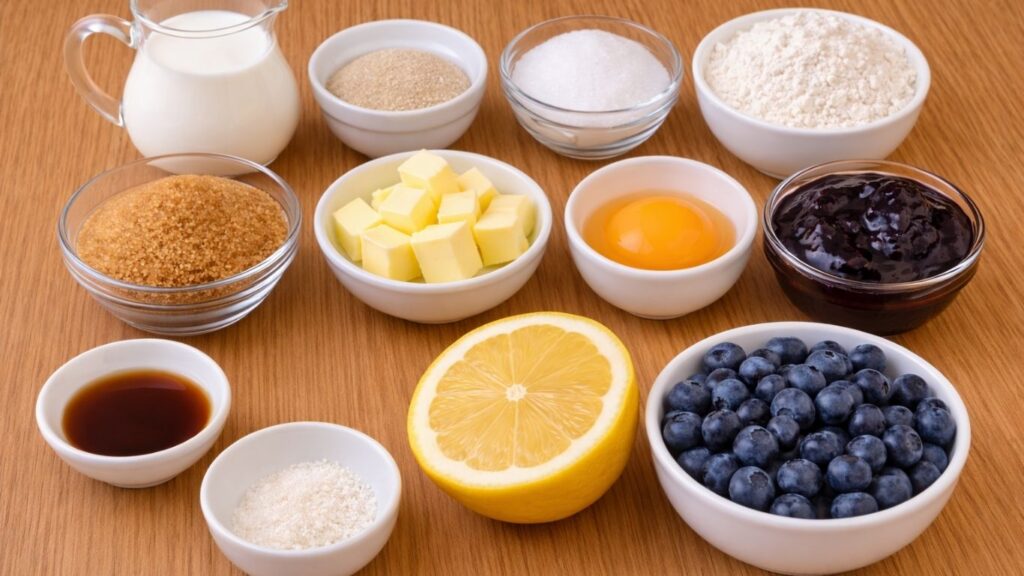 ingredients for blueberry lemon rolls in glass bowls including flour, milk, yeast, sugar, butter, egg, lemon zest and blueberries arranged on a table