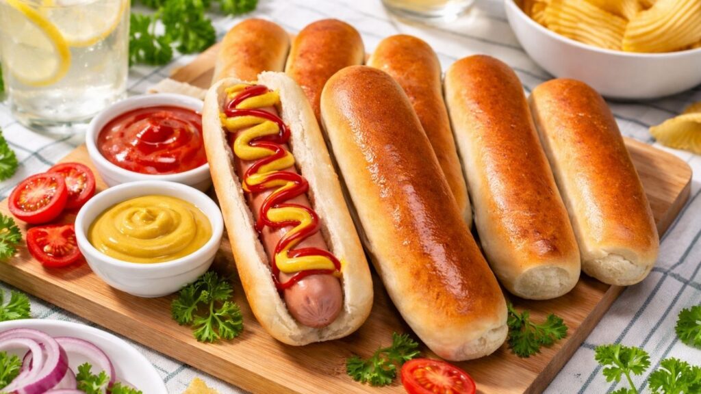 Freshly baked homemade hot dog buns arranged on a wooden board with one bun filled with a sausage, topped with ketchup and mustard, surrounded by decorative elements.