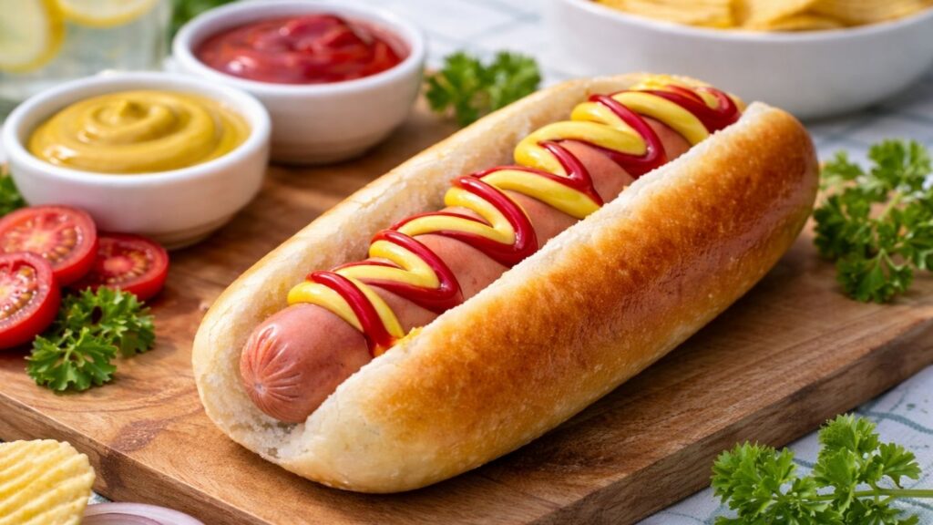 Homemade hot dog buns filled with sausage and toppings, light and airy texture, freshly baked and golden brown.