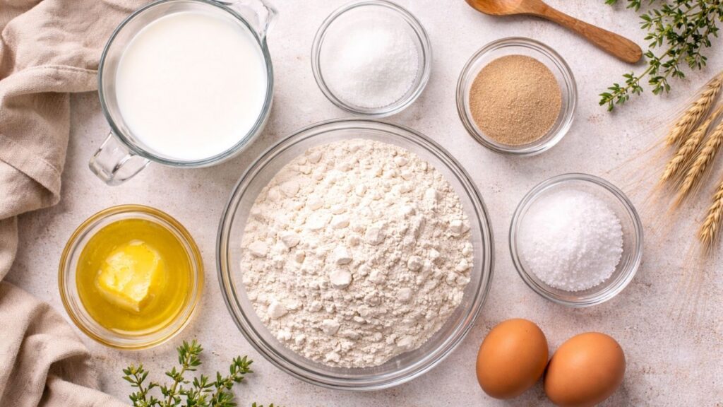 Ingredients for homemade hot dog buns in glass bowls including flour, milk, eggs, butter, yeast and sugar, overhead view.
