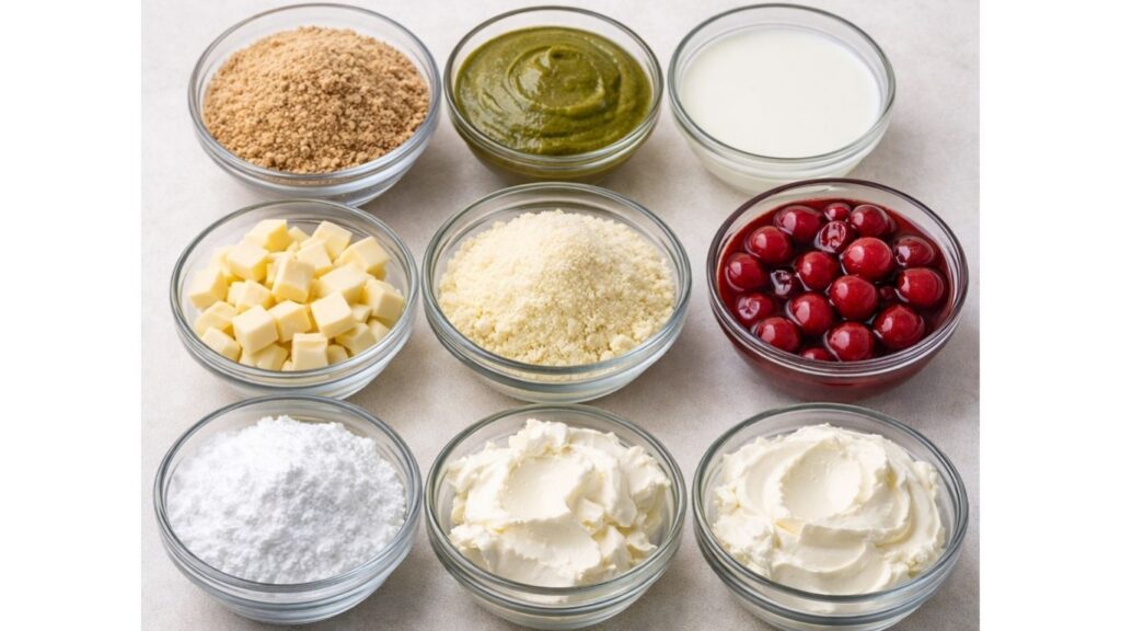 Ingredients for no bake pistachio cake arranged in bowls