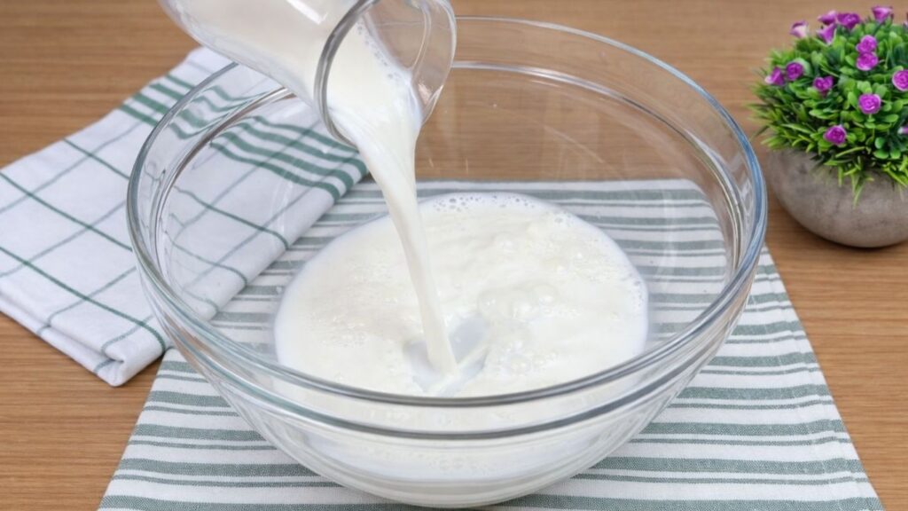 Pouring warm milk into a mixing bowl to activate the yeast for apple cinnamon roll dough.