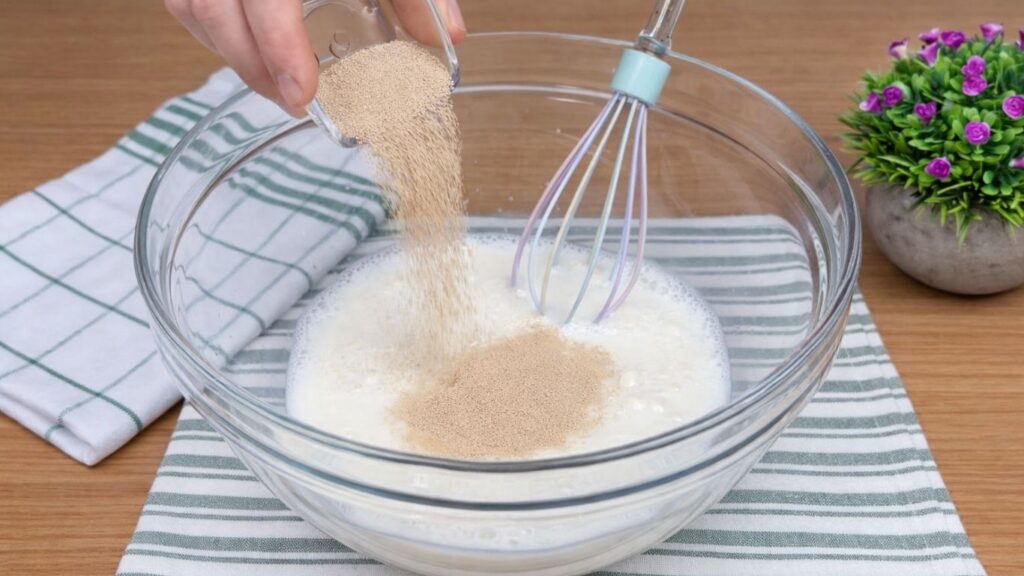 Adding active dry yeast to warm milk in a bowl to begin preparing the apple cinnamon roll dough.