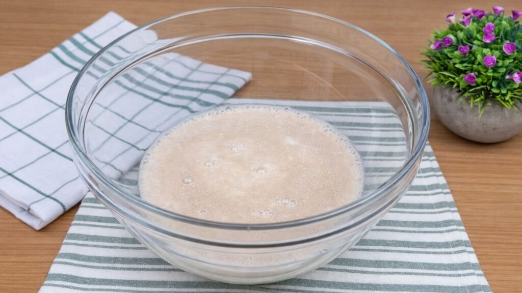 Activated yeast mixture in warm milk, foamy and bubbly, ready for making apple cinnamon roll dough.
