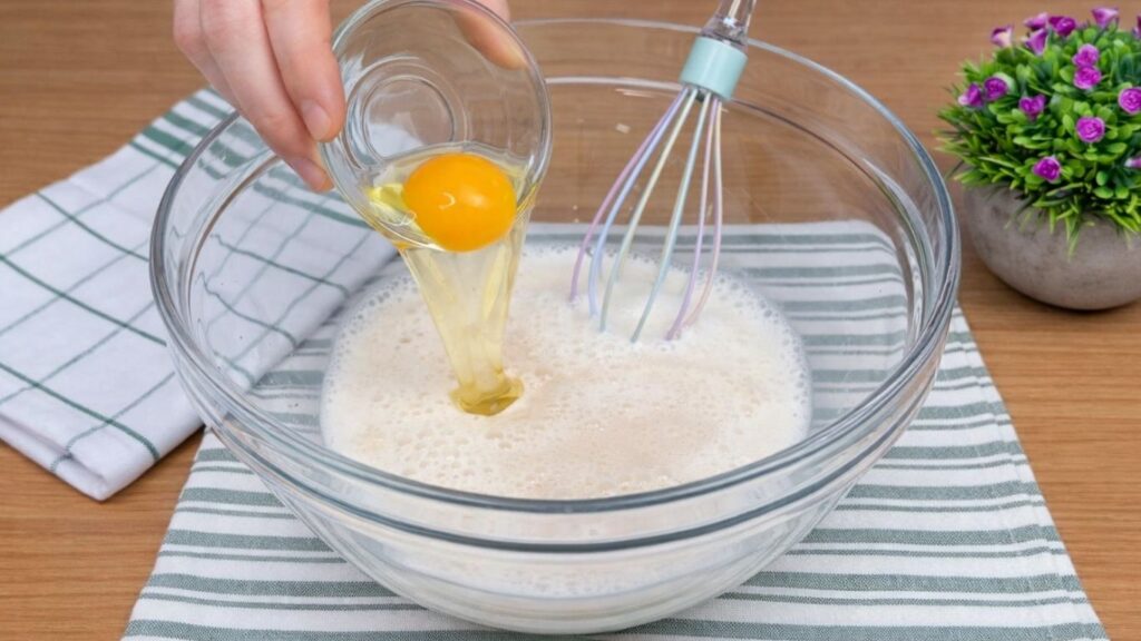 Adding an egg to the activated yeast mixture in a bowl while preparing the apple cinnamon roll dough.