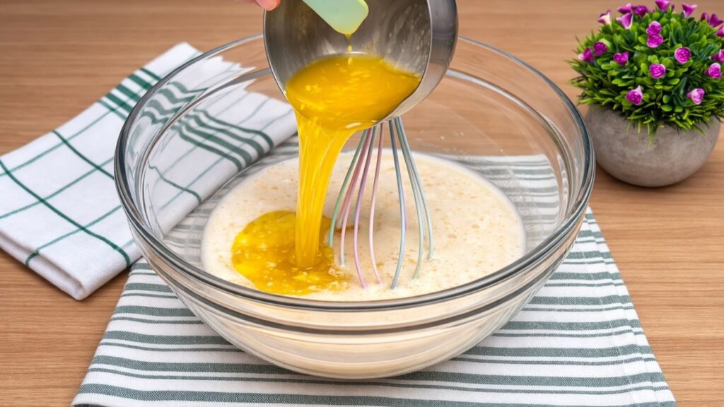Pouring melted butter into the activated yeast mixture while preparing the apple cinnamon roll dough.