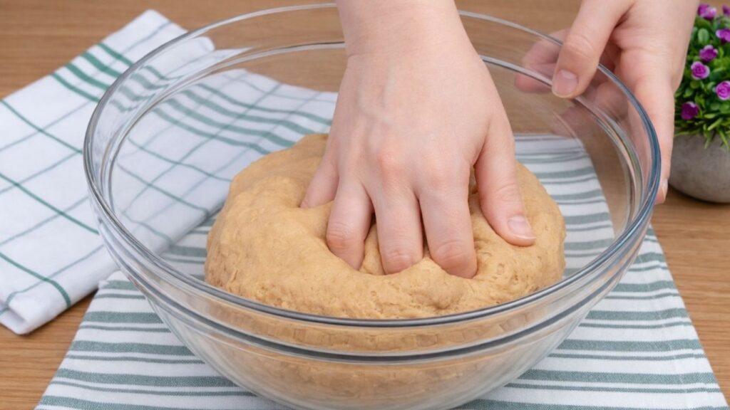Finishing mixing the apple cinnamon roll dough by hand in a bowl until a soft dough forms.