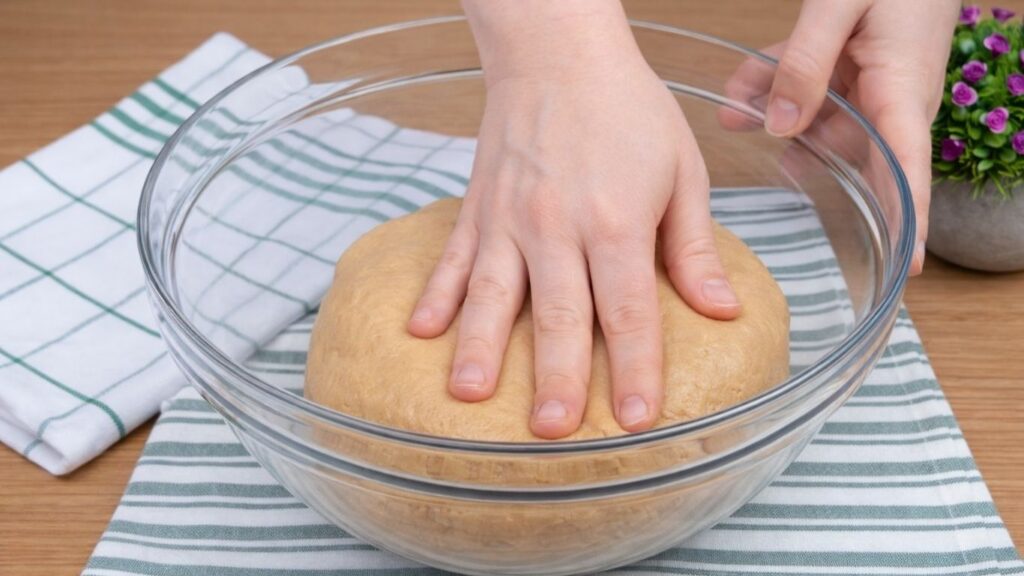 Coating the apple cinnamon roll dough with oil in the bowl to keep it soft while rising.