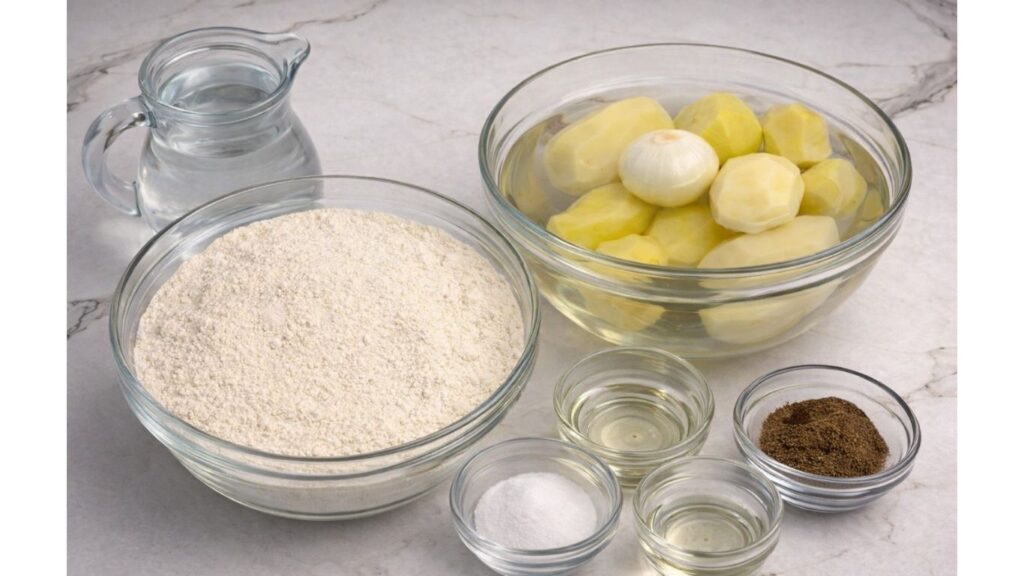 ingredients for potato borek on the table including potatoes, onion, flour, oil, salt, and black pepper