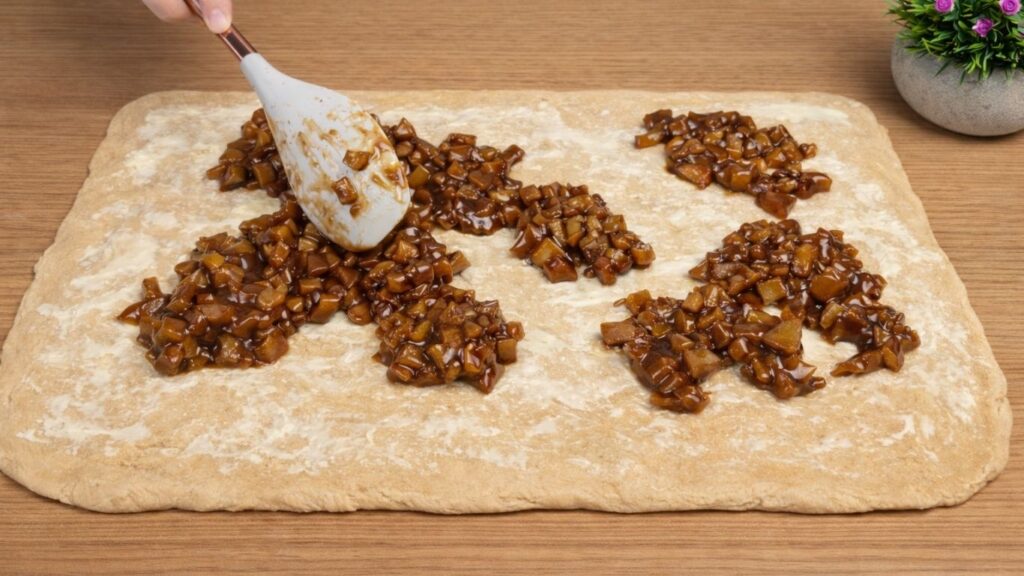 Apple cinnamon filling spread evenly over the dough for homemade apple cinnamon rolls.