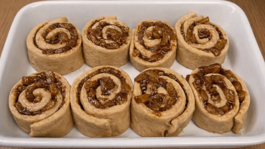 Apple cinnamon rolls arranged in a baking dish, ready to bake in the oven.