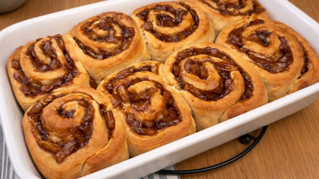 Freshly baked apple cinnamon rolls in a baking dish, golden brown and soft.