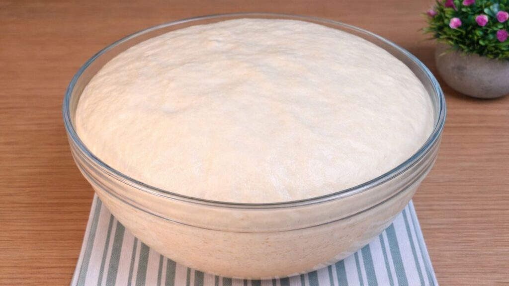 Homemade hot dog buns dough after first rise, visibly puffy and doubled in size in the bowl.