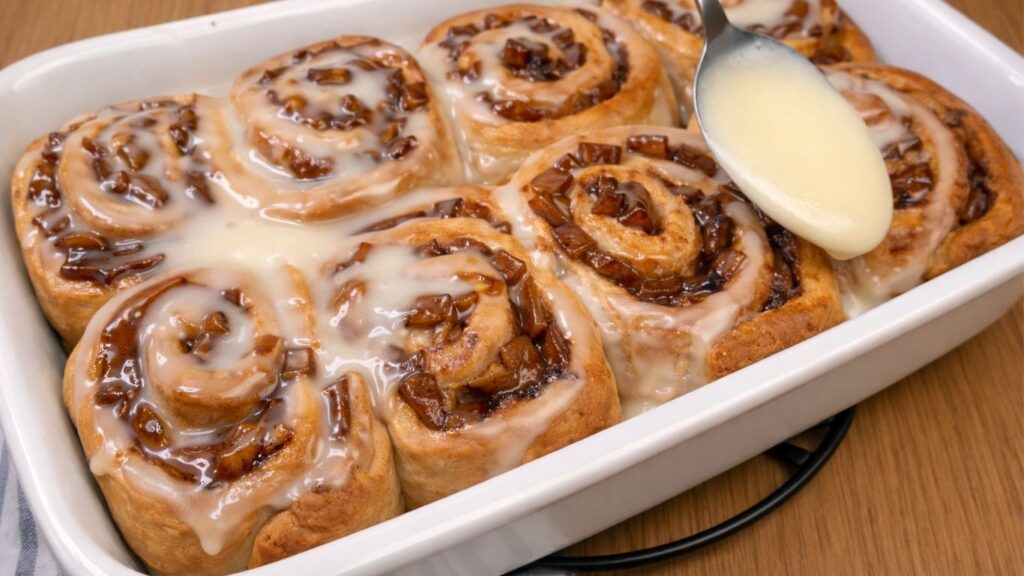 Apple cinnamon rolls topped with creamy cream cheese frosting in the baking dish.