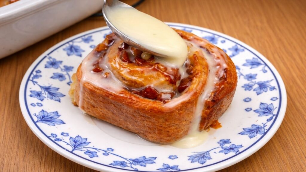 Apple cinnamon roll on a plate being drizzled with creamy cream cheese glaze.