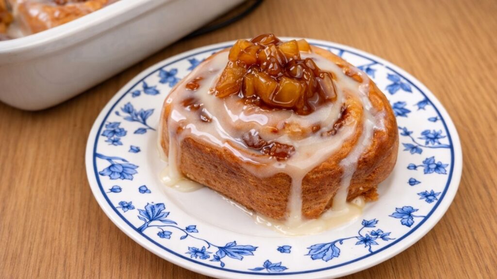 Apple cinnamon roll on a plate topped with cream cheese glaze and caramelized apples.