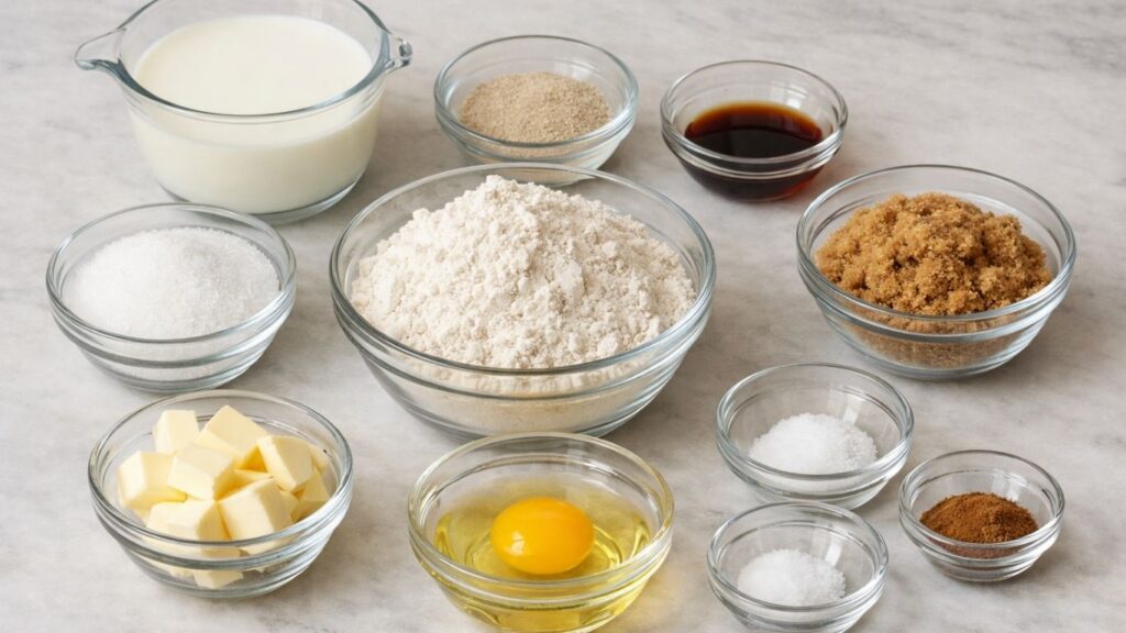 Ingredients for apple cinnamon roll dough arranged in glass bowls, including flour, milk, yeast, sugar, butter, egg, cinnamon, and vanilla.