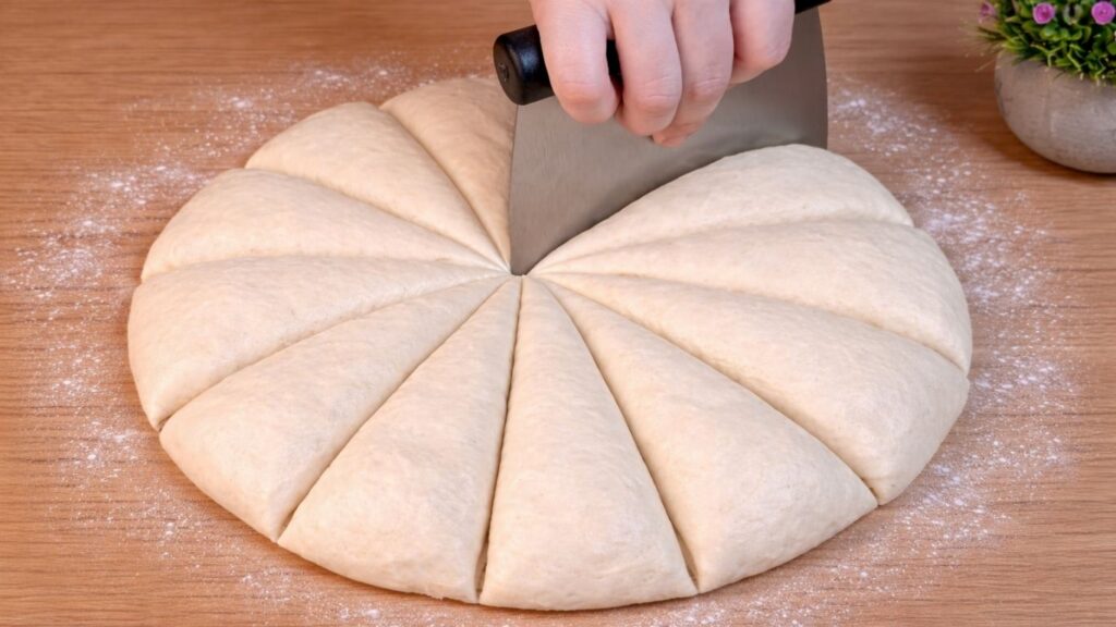 Dough for homemade hot dog buns cut into 12 equal portions on a floured work surface before shaping.