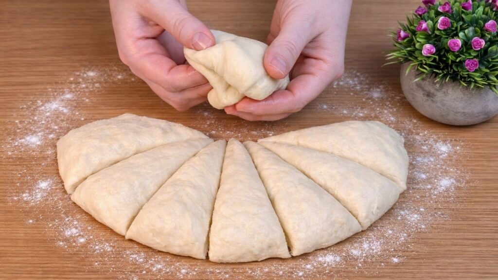 Forming smooth dough balls while preparing homemade hot dog buns before shaping.