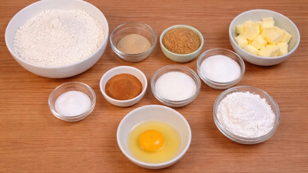 ingredients for homemade cinnamon rolls including flour, milk, yeast, butter and sugar