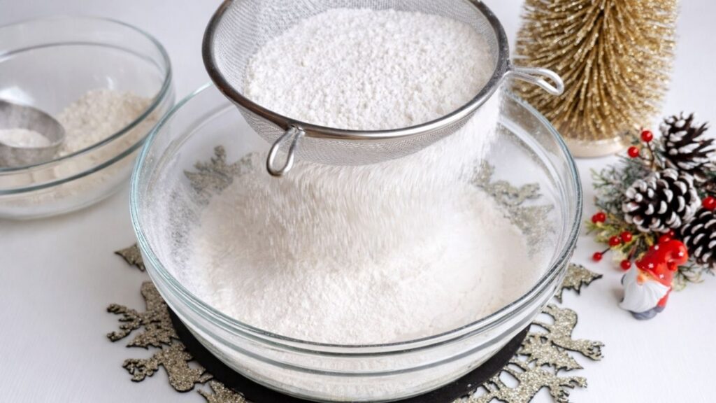 Sifting flour into yeast mixture for homemade baguettes recipe