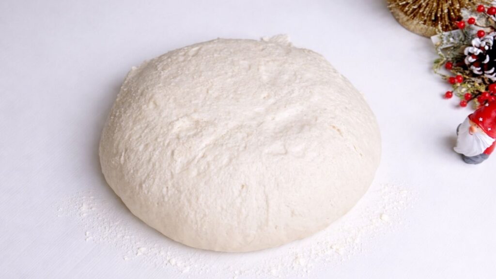 Baguette dough on work surface ready for shaping