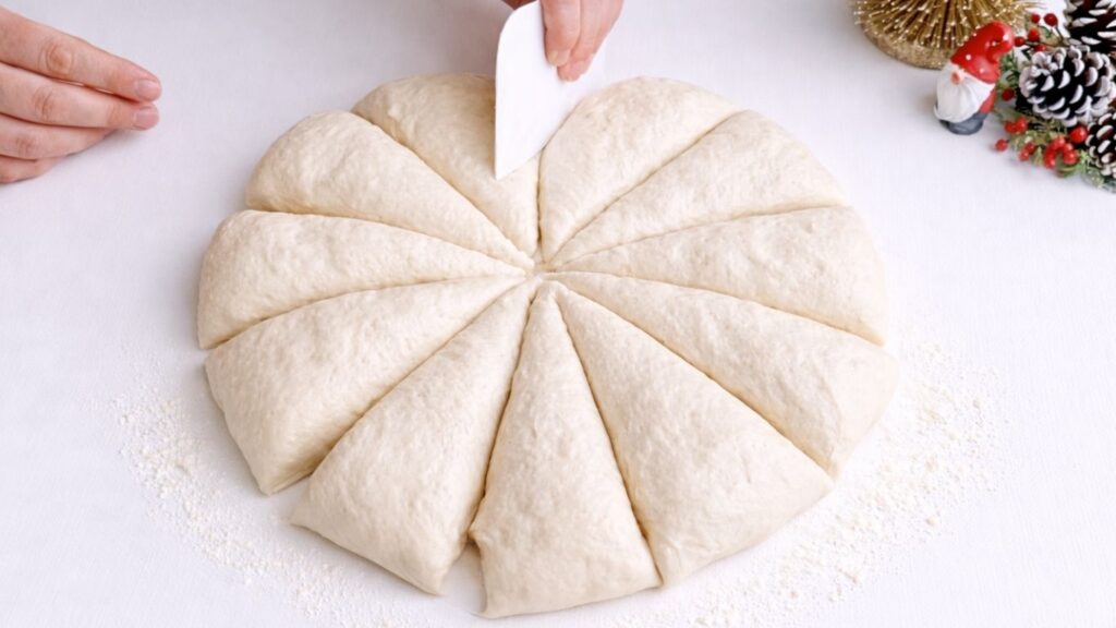 Baguette dough divided into 12 equal pieces