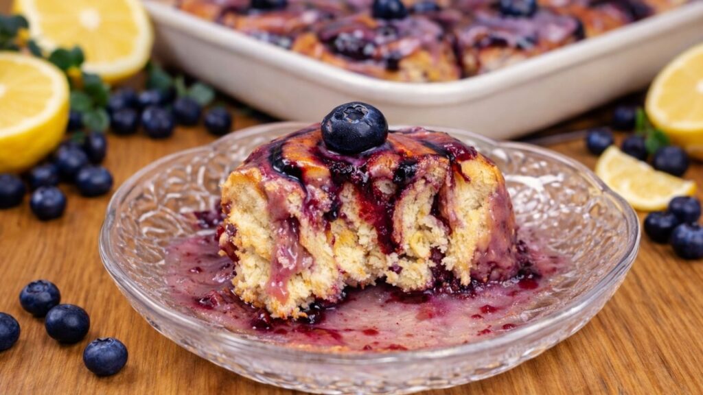 half blueberry lemon roll on a plate topped with cream cheese frosting showing the soft fluffy texture and blueberry filling