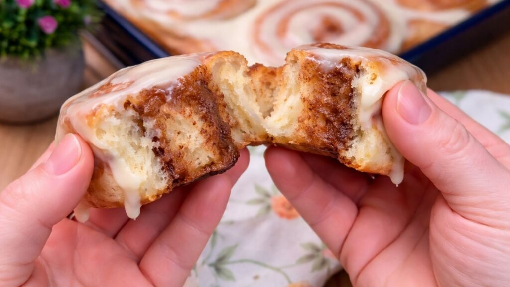 soft and fluffy homemade cinnamon roll held in hands showing gooey cinnamon filling