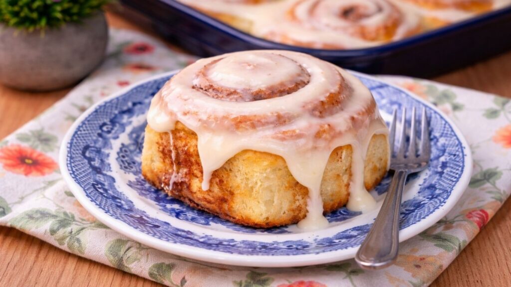 glazed homemade cinnamon roll served on a plate with creamy frosting