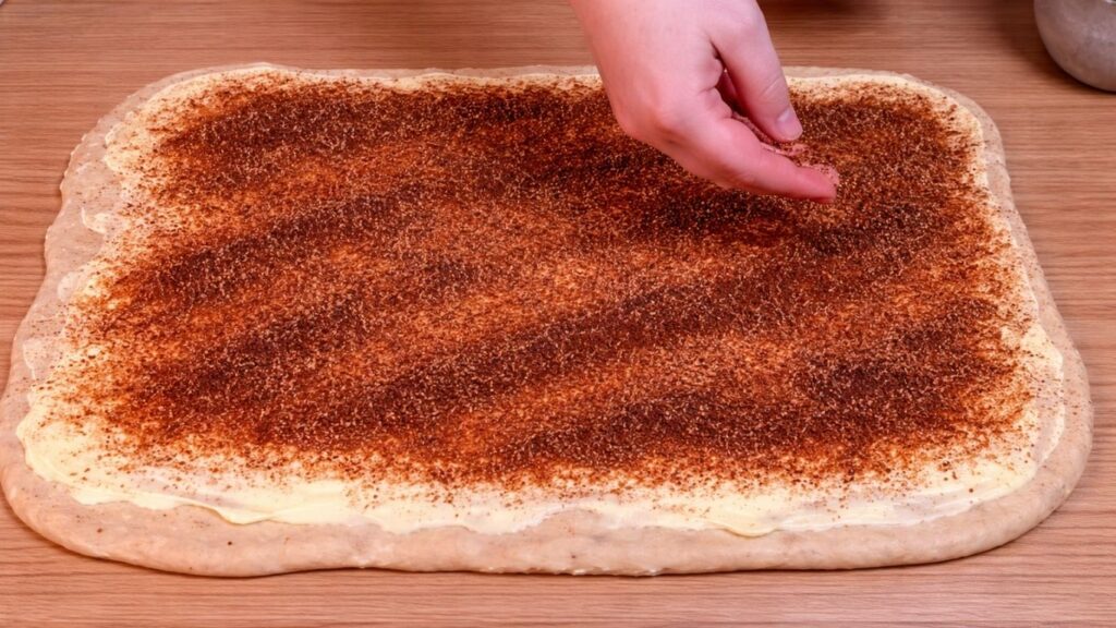 sprinkling brown sugar and cinnamon over rolled dough for homemade cinnamon rolls