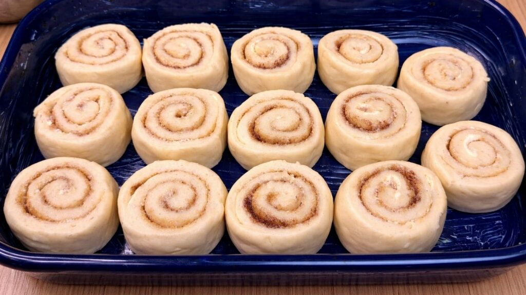 cut cinnamon rolls arranged in a baking dish ready to rise