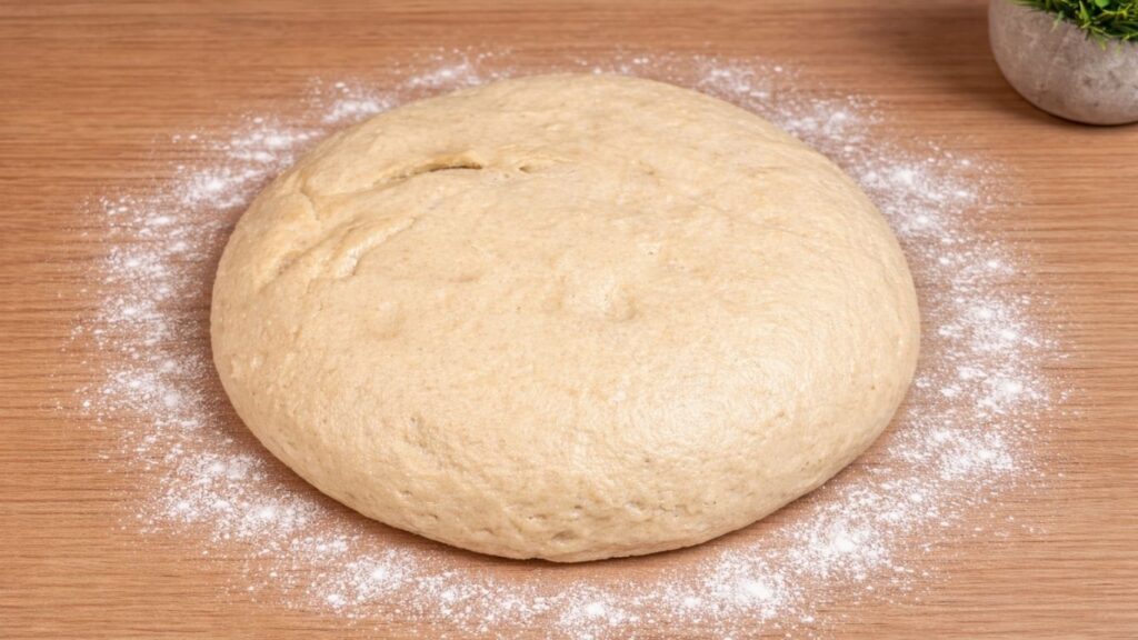 dough placed on a work surface ready for rolling for homemade cinnamon rolls