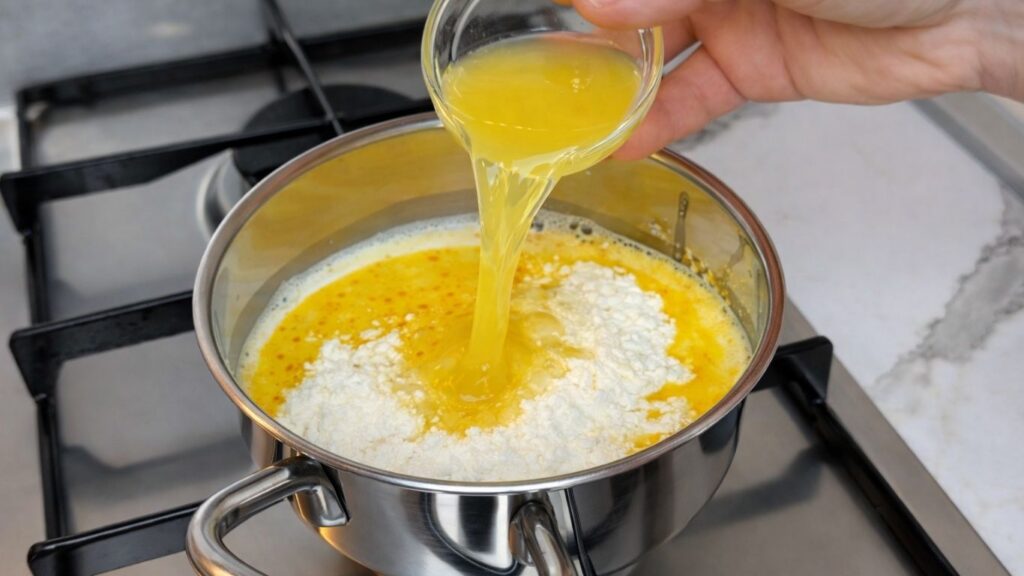 adding lemon juice to lemon cream mixture
