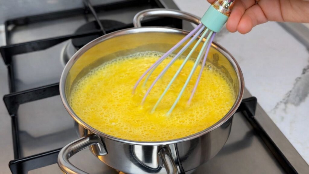 mixing lemon cream in saucepan