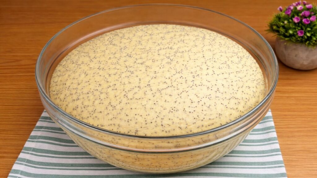doubled dough in bowl for lemon poppy seed rolls