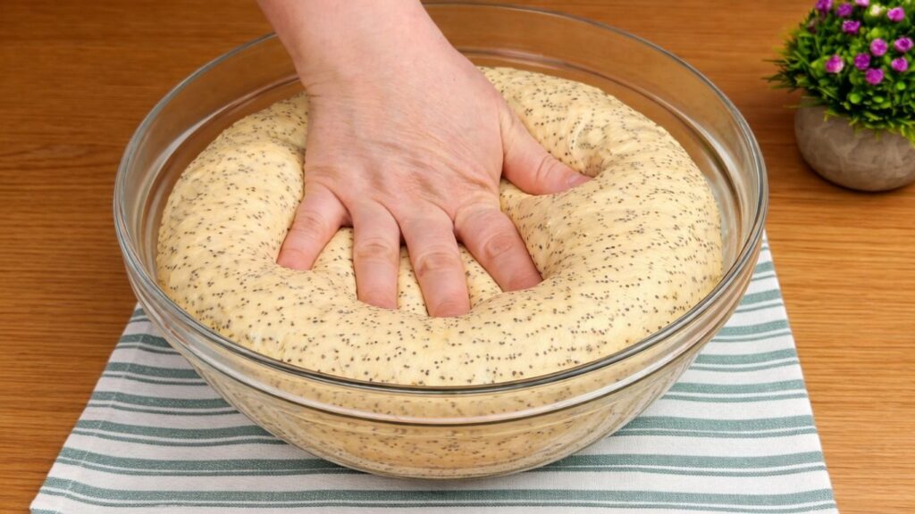 doubled dough in bowl for lemon poppy seed rolls