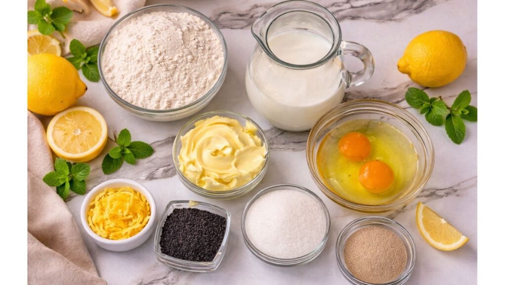 ingredients for lemon poppy seed rolls with cream cheese frosting