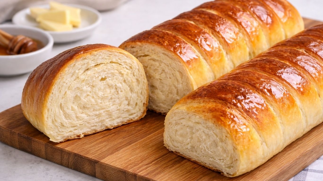 fluffy milk bread loaf sliced on a wooden board showing soft airy crumb