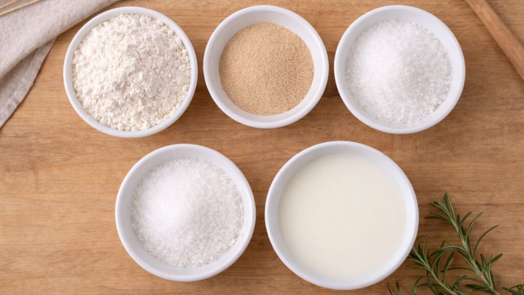 ingredients for milk bread recipe arranged in small bowls on a wooden table