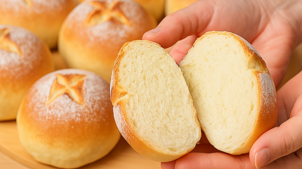 Soft milk bun held in hand showing the light fluffy crumb inside, freshly baked homemade bread from this Easy Milk Buns Recipe.