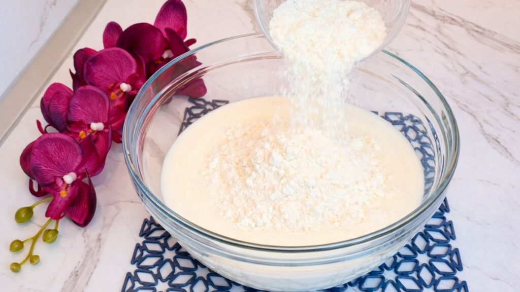 Adding vanilla cream powder to milk for pistachio cream filling