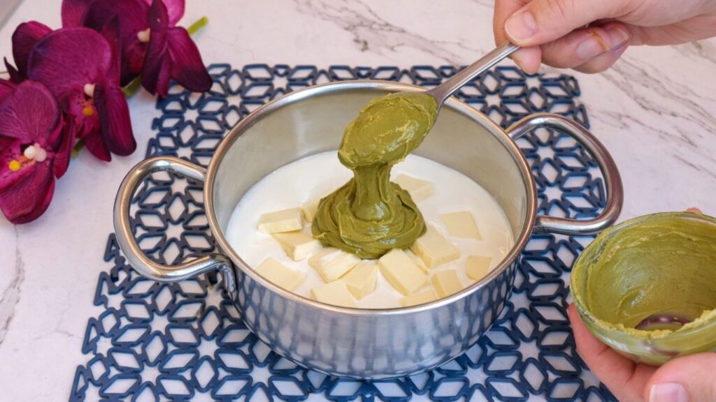 Adding pistachio paste to white chocolate ganache mixture
