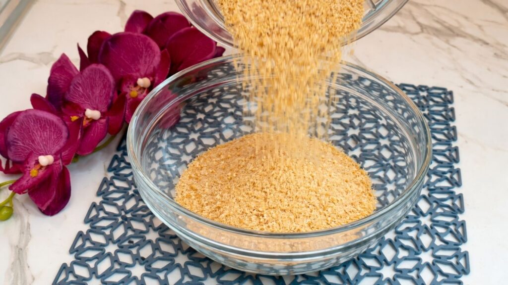 Pouring crushed cookies into a bowl for no bake cake crust