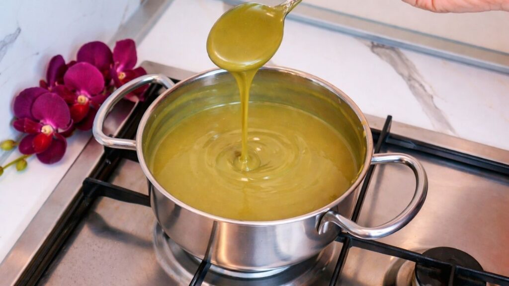 Smooth pistachio ganache ready for topping the no bake pistachio cake