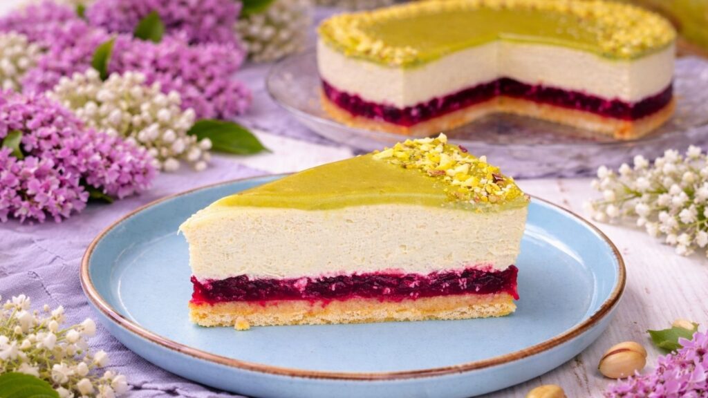 Slice of no bake pistachio cake with cherry layer on a plate