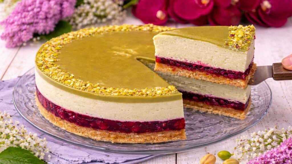 No bake pistachio cake with cherries on glass cake stand with slice being served